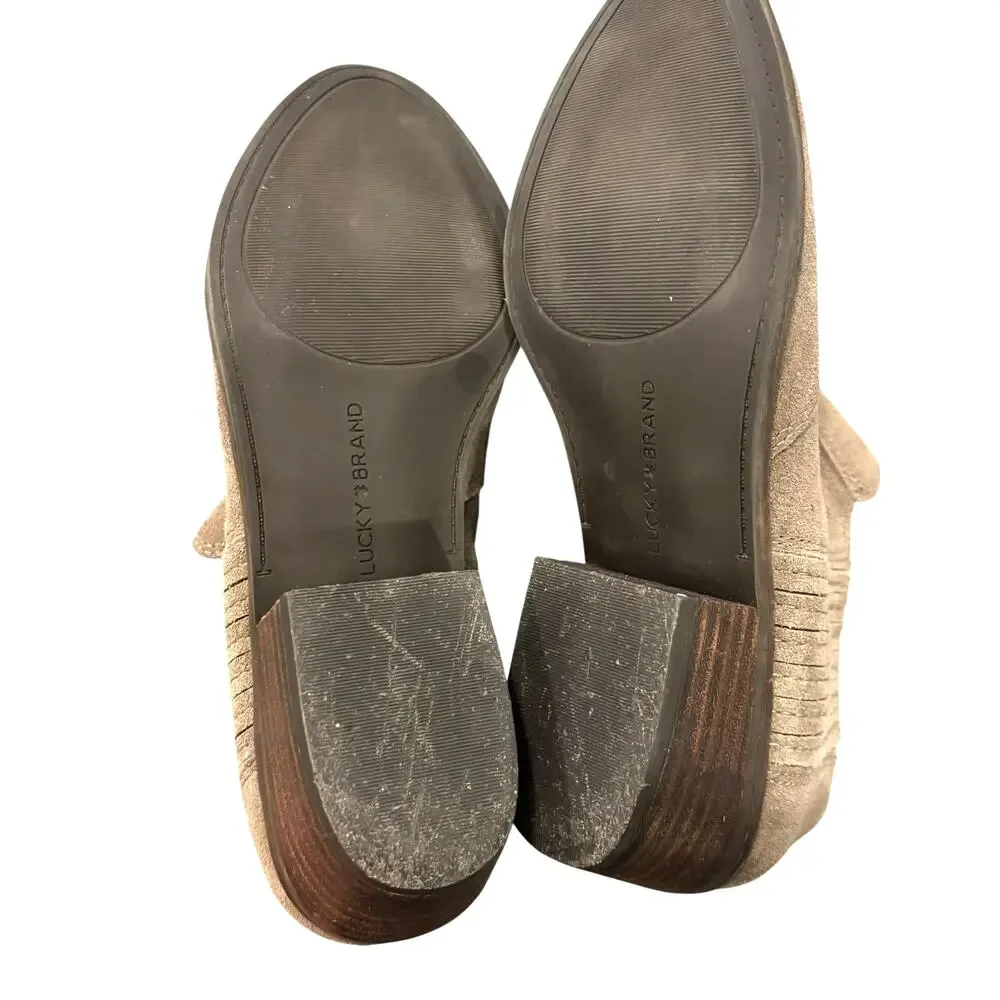 Lucky Brand Tan Suede Leather Ankle Booties 7.5 Western Boho Block Heel Boots